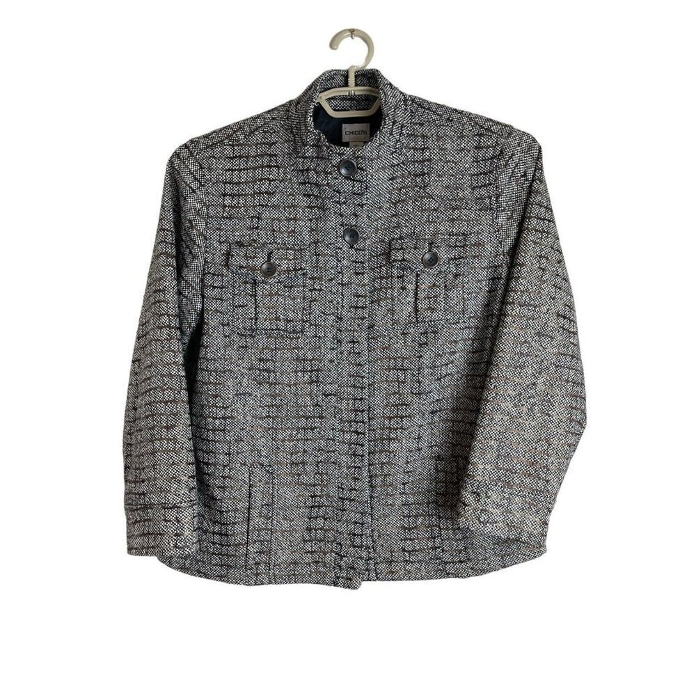 Chicos Sz 2 US 12 Large Blazer Jacket Textured‎ Brown Wool Blend Covered buttons